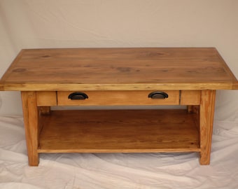 Reclaimed Heart Pine Coffee Table with Drawer and Shelf