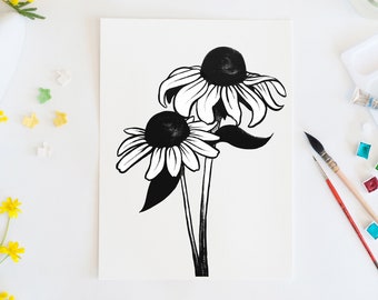 Black Eyed Susans Black and White Raw Coloring Page Art Print on Quality Matte Bristol Paper