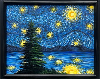 Starry Night in Silver Bay Lake George Original Impressionist Acrylic Landscape Painting on Canvas