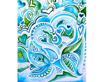 Love Grows Here / Blue and Green Abstract Hearts Raw Art Print