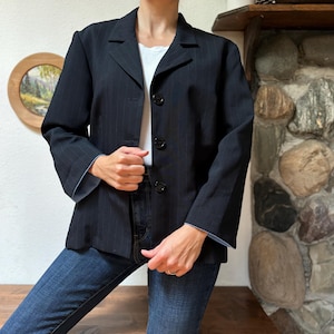 Vintage Suits Us suit jacket, navy and light blue pinstripe blazer, business, work, office wear, button up
