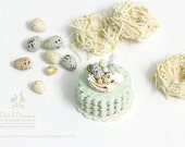 Bird Nest with Speckled Eggs Mint Petal Cake -Presented on lace doily- Dollhouse Miniature Cake 1 12