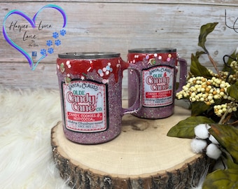 Taza de chocolate caliente con bastones de caramelo rosas, taza con purpurina, chocolate caliente, vaso personalizado, vaso personalizado, taza con purpurina personalizada, Navidad