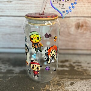 Horror Movie Characters16oz Glass, Glitter, Glass Tumbler, Gifts, Halloween, Halloween Movie