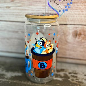 Blue 16oz Glass, glitter, Glass Tumbler, Gifts, Coffee, cartoon characters