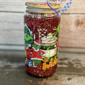 16oz Grinch Holiday Coffee Glass Snow Globe Tumbler, Snow Globe, Christmas, Grinch, Coffee