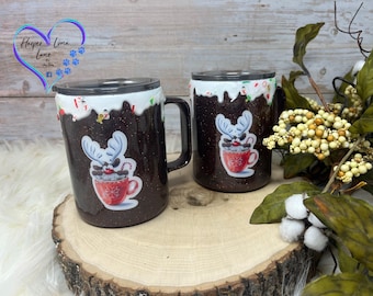 Taza de chocolate caliente con reno marrón, taza con purpurina, chocolate caliente, vaso personalizado, vaso personalizado, taza con purpurina personalizada, Navidad