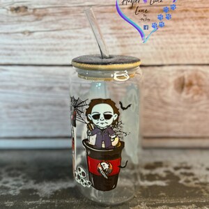Scary Movie Coffee 16oz Glass, Glitter, Glass Tumbler, Gifts, Halloween, Scream, Michael, Jason, Freddy