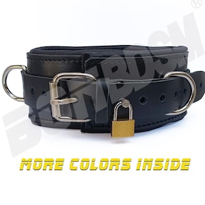 Bondage Padded Locking Collar - 3 1/3&#39; inch wide Heavy Duty Genuine Leather Black Neck Restraint