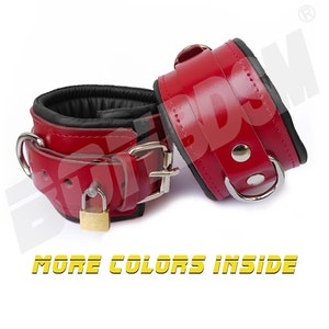 Bondage Wrist & Ankle Cuffs - 3 1/3" Wide, Heavy Duty Genuine Leather, Red Locking Restraints, Mature