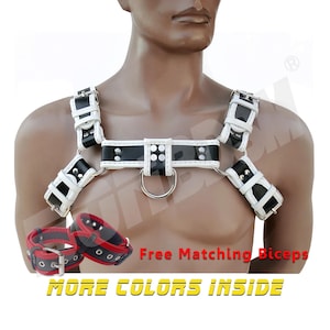 Men&#39;s Bulldog Leather Harness with Matching Biceps Cuffs - Puppy Play Gear