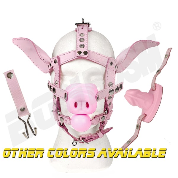 Schweine Kopf Harness Maske - Echtes Leder mit Optional Nasenhaken, Silikon Schnauze und Ballknebel für Ferkel Petplay und BDSM Rollenspiel