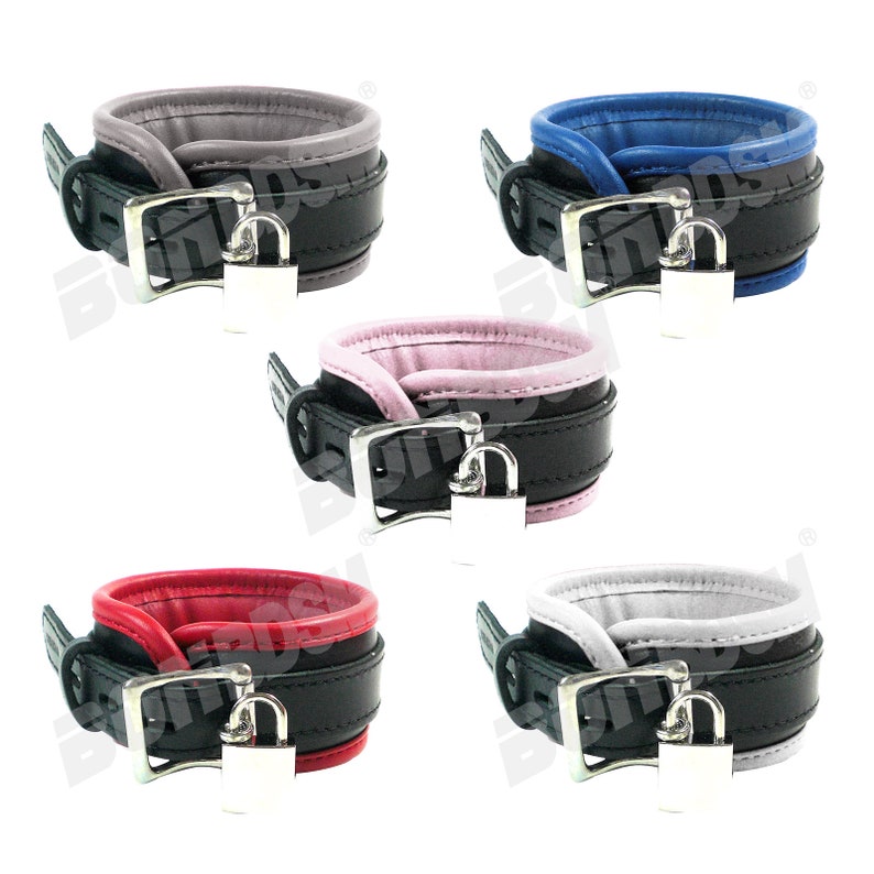 May include: Five leather collars with a black base and a contrasting colored trim. Each collar has a silver lock and buckle. The colors are gray, blue, pink, red, and white.
