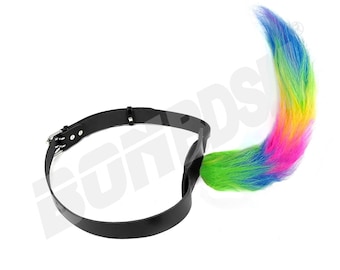 LGBTQ Fur Dog Tail Belt Harness, Non Plug Pup Tail, Premium silicone and genuine leather, Human puppy, Show Tail, LGBT Rainbow