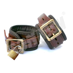 Brown Leather Restraint Cuffs - 2 inches wide wrist and ankle restraints for Bondage play
