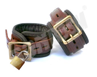 Brown Leather Restraint Cuffs - 2 inches wide wrist and ankle restraints for Bondage play
