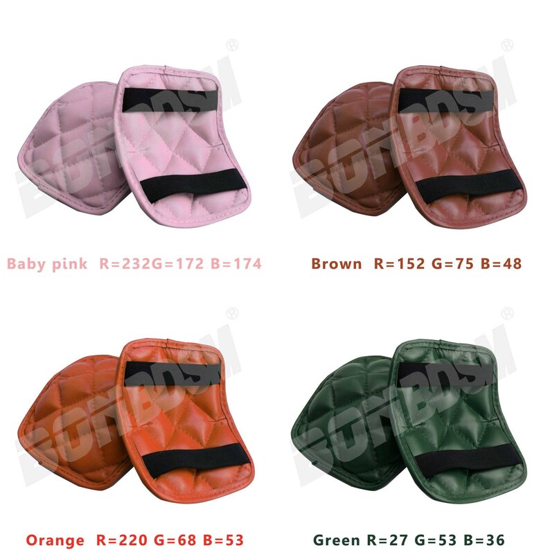 May include: Four pairs of quilted elbow pads in different colors: baby pink, brown, orange, and green. Each pair has a black elastic strap.