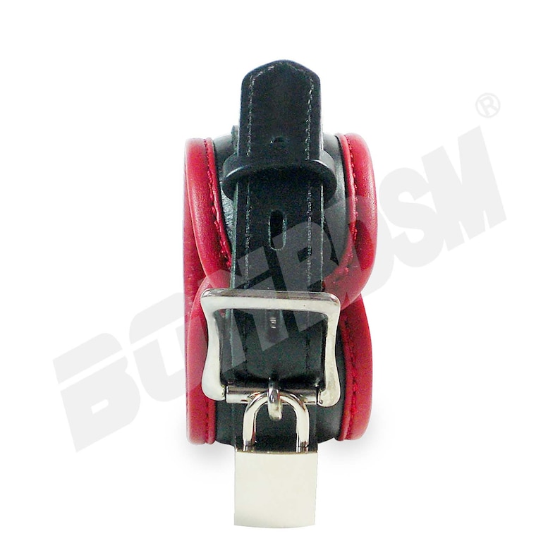 May include: Red leather cuffs with a black leather strap and a silver lock.