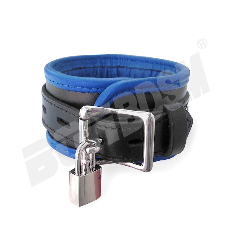 May include: Black leather cuff with a blue lining and a silver padlock.