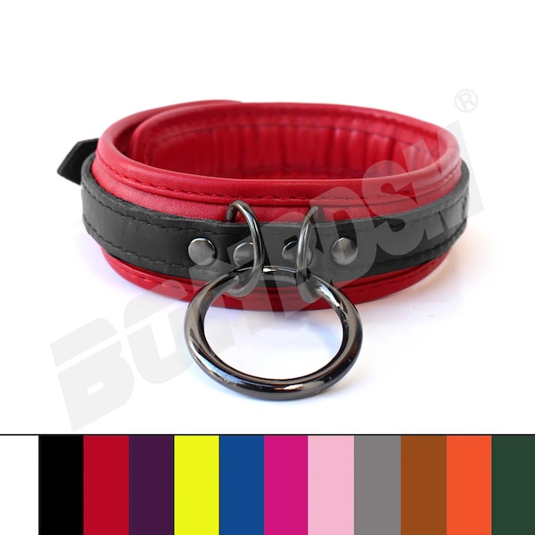 Bondage Restraint Collar, Two-color soft padded genuine leather locking O-ring choker, BDSM restraints for fetish slave, Gift Mature