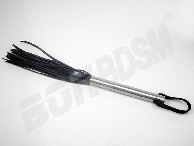 May include: A black leather whip with a silver handle and a black leather loop. The whip has a long, thin handle and a thick, braided head.