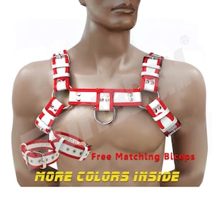 Men&#39;s Bulldog Chest Harness with White Leather Matching Biceps Cuffs - Puppy Play Gear