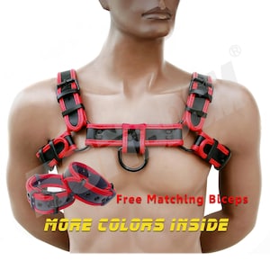 Men&#39;s Bulldog Leather Harness with Matching Biceps Cuffs - Black Hypoallergenic E-Coating Metal Fittings - Puppy Play Gear
