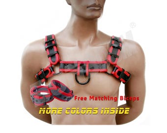 Men&#39;s Bulldog Leather Harness with Matching Biceps Cuffs - Black Hypoallergenic E-Coating Metal Fittings - Puppy Play Gear