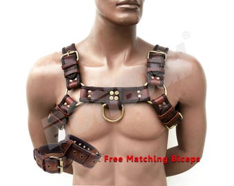 Men&#39;s Bulldog Leather Harness - Burgundy Brown with Matching Biceps Cuffs - Puppy Play Gear
