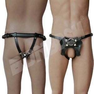 Male Chastity Strap On Dildo Leather Harness, Cock Cage CBT Device, Fetish BDSM bondage gear, Mature image 9