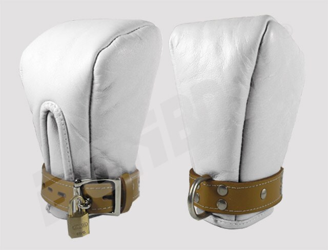 Bondage Fist Mitts Gloves Sheep Black Leather Padded Lined