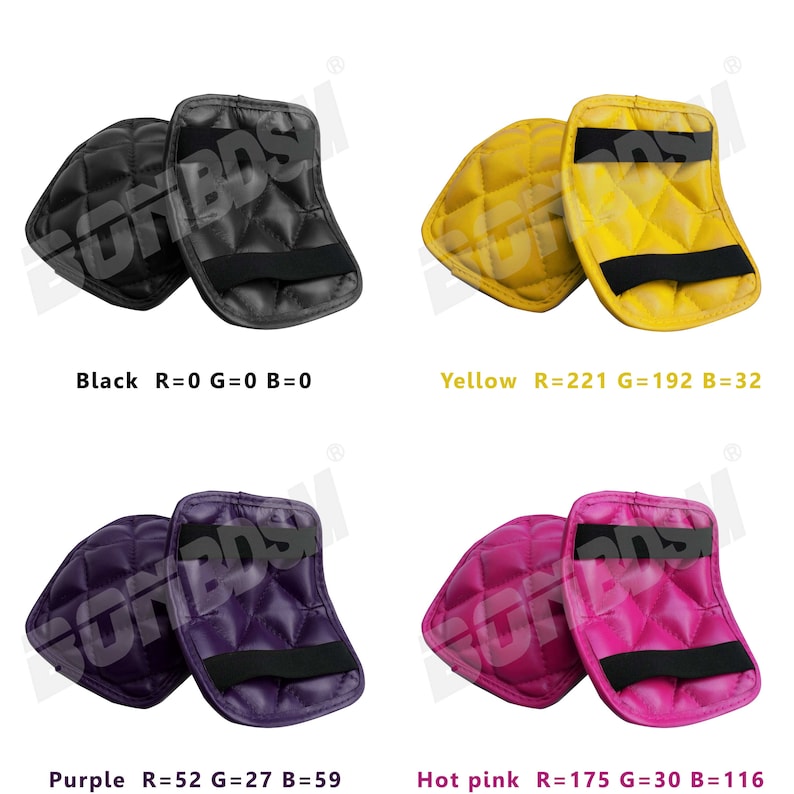 May include: Two pairs of quilted leather elbow pads in four different colors: black, yellow, purple, and hot pink. Each pad has a black elastic strap.