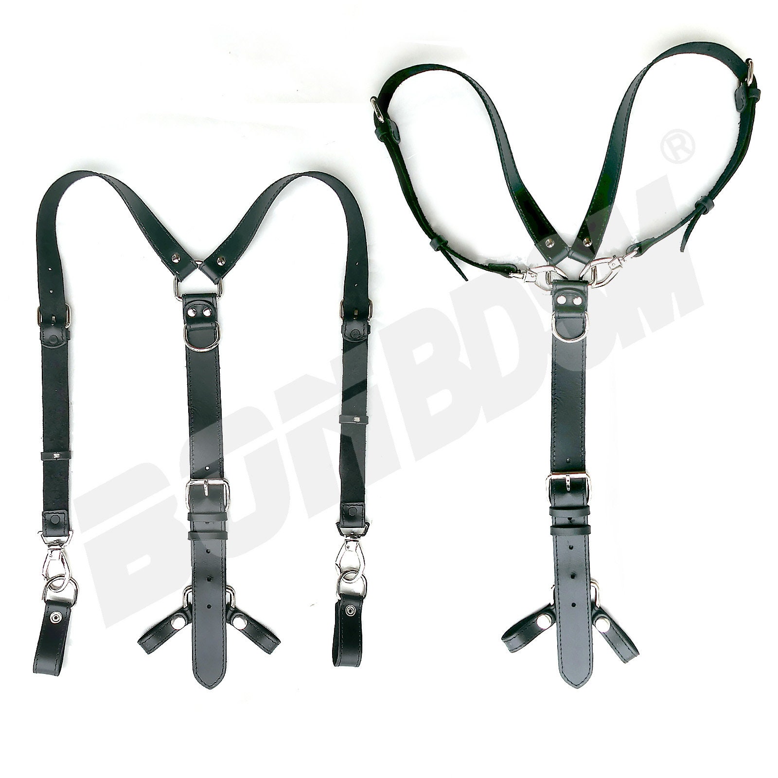 Caged Leather Harness With Adjustable Straps, Back Buckle Closure And Matching G-string main image 1