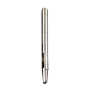 May include: A silver metal punch tool with a pointed tip and a circular hole in the center.