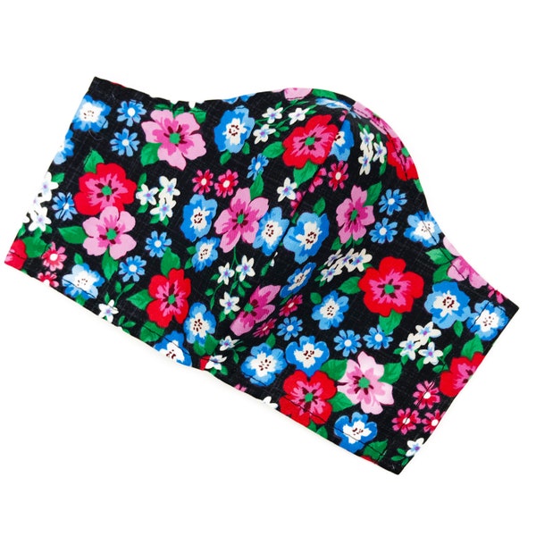 Black Floral Face Mask - Adjustable Straps -  Washable & Reusable  - Made in USA