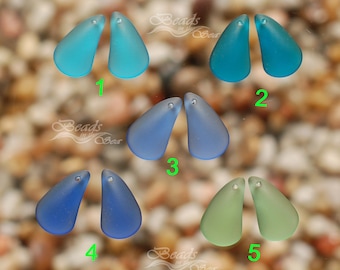 Sea Glass Mini 2pcs (21x13mm) Blue Teardrop Cultured Sea Glass~Jewelry Making Beads~Beach Glass Pendant Beads