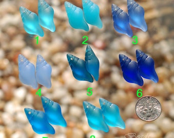 Sea Glass Mini Conch Shell Blue 2pcs (26X12mm)~Jewelry Making Supply~Earring Size Cultured Sea Glass Beach Glass Pendants-