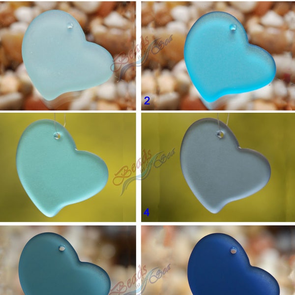 Sea Glass Heart Blue LG  2pcs (30mm) Heart Flat Cultured Sea Glass Beads~Jewelry Making Beads~Beach Glass Pendant Beads~ More Colors