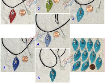 Jack Wire-wrapping Collections ~ Rainbow Wire wrapped cultured sea glass 45x20mm fancy shard with sea turtle over wave