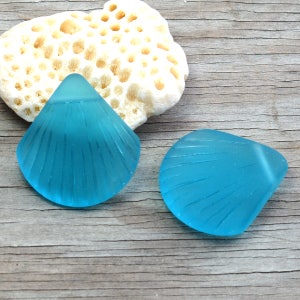 May include: Two blue glass seashells on a wooden surface. The shells are shaped like clams and have a frosted finish.