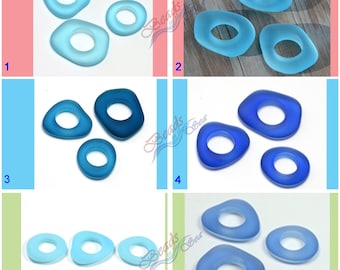 Sea Glass Fancy Rings Blue 3-Pieces-Set Large Hole Cultured Sea Glass~Jewelry Making Beads~Beach Glass Pendant Bead