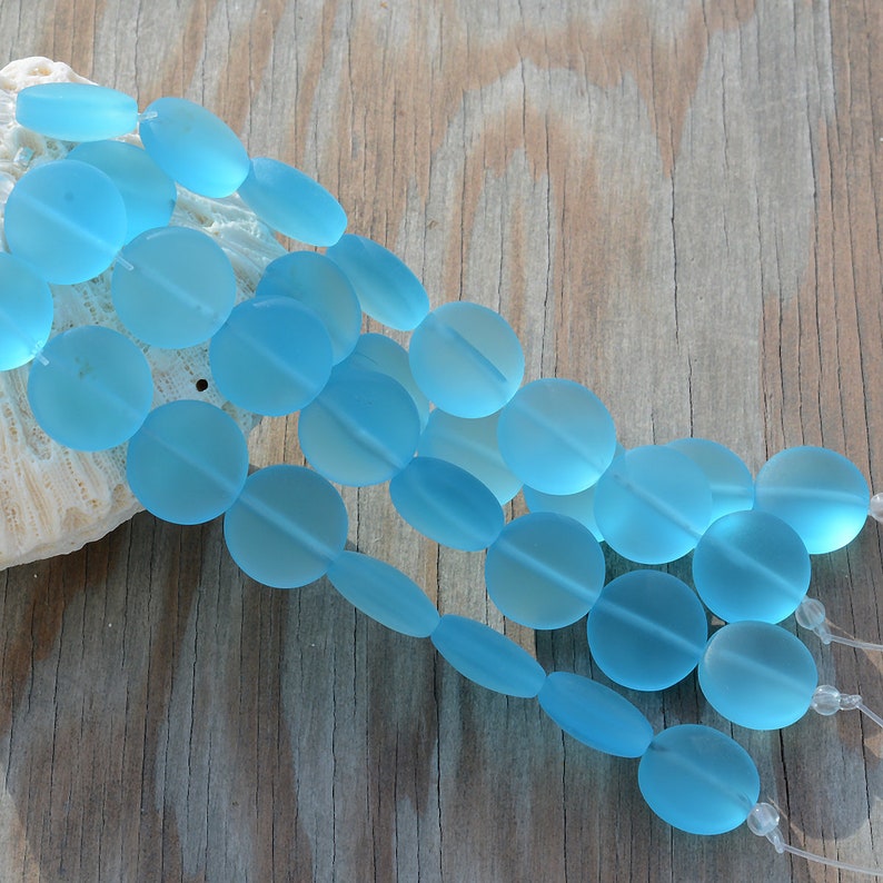 Sea Glass Coin 12mm Blue Coin Puffed Cultured Sea Glass Jewelry Making BeadsBeach Glass Beads 1. Turquoise Bay
