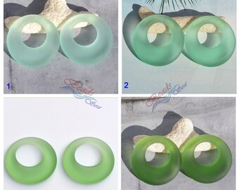 Sea Glass LG Earring Donuts Green 2pcs (28mm) Go-go Cultured Sea Glass Beads ~Beach Glass Pendant Beads