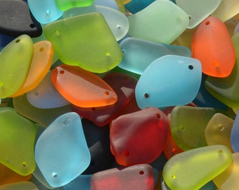 Sea glass 6pcs 2-Hole Rainbow Link Connector Mixed Shapes Flat Freeform (13-22X24-29mm) Cultured Sea Glass Pendants
