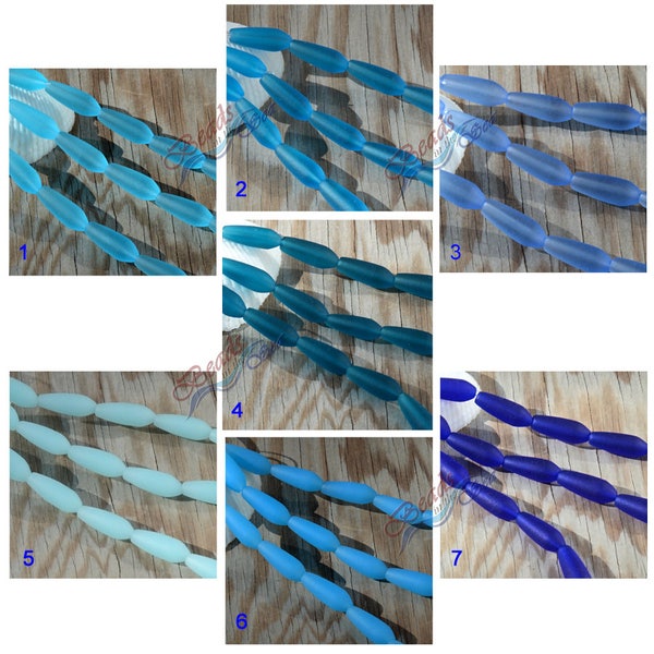 Sea Glass Blue 6pcs (18X6mm) Thin Teardrop Round Culuted Sea Glass Beach Glass Beads- About 4" (6/pcs/strand)