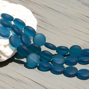 Sea Glass Coin 12mm Blue Coin Puffed Cultured Sea Glass Jewelry Making BeadsBeach Glass Beads 7. Teal