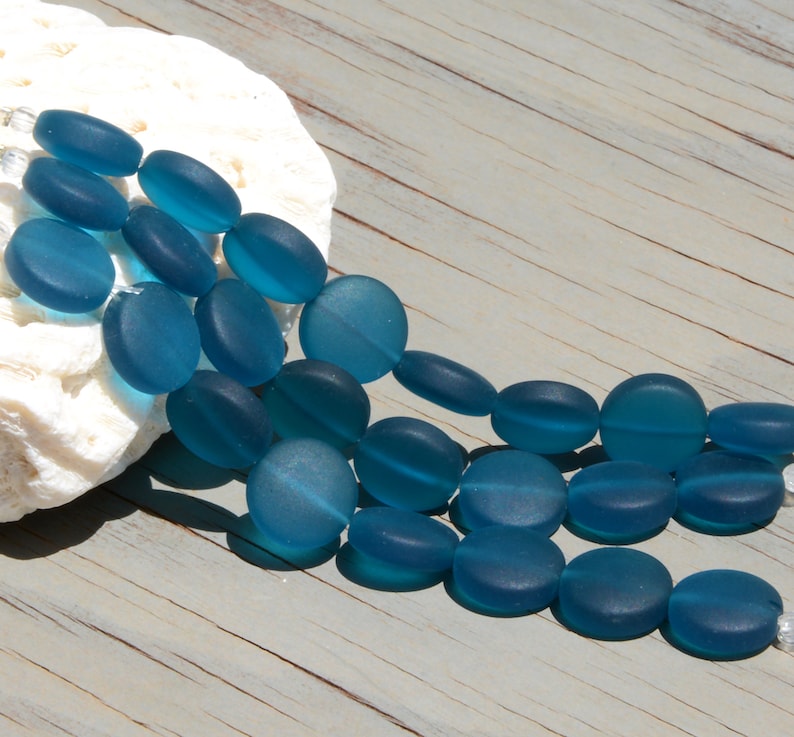 Sea Glass Coin 12mm Blue Coin Puffed Cultured Sea Glass Jewelry Making BeadsBeach Glass Beads 7. Teal