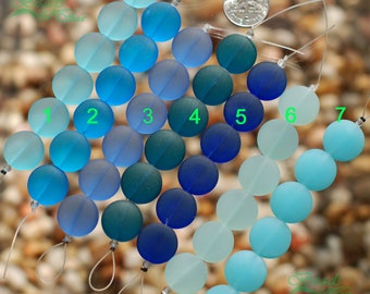 Sea Glass Coin (15mm) Blue 6pcs Cultured Sea Glass Beach Glass Beads - 4"