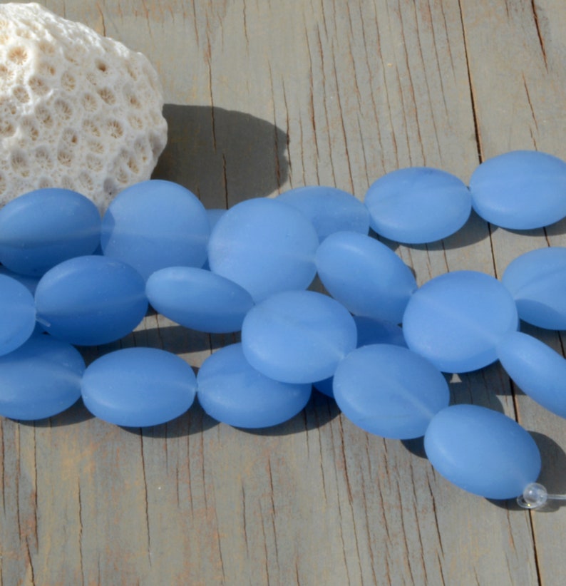 Sea Glass Coin 12mm Blue Coin Puffed Cultured Sea Glass Jewelry Making BeadsBeach Glass Beads 9. Dk Sky Blue(OPQ)