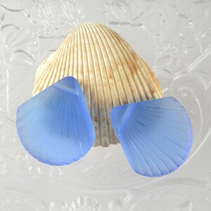 May include: Two light blue glass seashell shaped beads. The beads have a frosted finish and are shaped like a scallop shell.